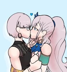 2girls blue_dress blue_eyes bob_cut diddlesdoodles earings girls_kissing girls_only hololive hololive_indonesia lesbian_kiss pale-skinned_female pale_skin pavolia_reine pinned_down ponytail selfcest selfcest_kiss short_hair virtual_youtuber vtuber white_hair wrist_grab yuri