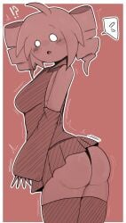 !? 2d 2d_(artwork) ? ahoge akage_(vocaloid) arched_back ass ass_focus bare_shoulders beni_imo big_ass big_thighs blush blush_lines breasts clothed clothed_female clothing detached_sleeves dot_eyes edit edited fully_clothed gluteal_fold ineffective_skirt kasane_teto kasane_teto_(akage) large_ass large_thighs looking_at_viewer looking_back medium_breasts microskirt miniskirt mv_character no_panties open_mouth plump plump_ass red_background red_body red_hair sideboob skindentation skinny skinny_girl skirt slim_girl slim_waist speech_bubble sticking_ass_out surprised surprised_expression thick_thighs thighhighs thighs tremble_spikes trembling twin_drills utau white_eyes wide_hips