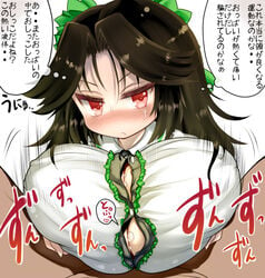 1boy bangs black_hair blouse blush breast_squeeze breasts brown_hair buttons cleavage collared_blouse cum dark-skinned_male dark_skin eyebrows_visible_through_hair female full-face_blush hair_ornament huge_breasts kedamono_kangoku-tou long_hair looking_at_viewer male paizuri paizuri_on_lap paizuri_under_clothes pov_crotch puffy_short_sleeves puffy_sleeves red_eyes red_hair short_sleeves solo_focus straight sweat text touhou translation_request utsuho_reiuji white_blouse