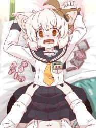 1boy @_@ ahoge animal_ear_fluff animal_ears animal_nose animated animated_png aqua_panties arms_up blue_sailor_collar blue_skirt blush breasts breathing brown_eyes brown_fur calico_(pattern) cat_ears cat_girl clothed_sex condom condom_wrapper fangs female from_above furry furry_female furry_male hands_on_another's_hips highres long_sleeves lying missionary multiple_condoms name_tag necktie on_back on_bed open_mouth original paid_reward_available panties panties_around_one_leg pleated_skirt pov pov_crotch pov_hands sailor_collar school_uniform serafuku sex shirt short_hair skirt small_breasts solo_focus spread_legs straight tearing_up tie_clip tillsit underwear used_condom vaginal_penetration white_fur white_shirt yellow_necktie