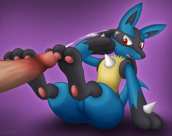 balls blush canine cum cum_on_face feet foot_fetish footjob lucario male mammal nintendo open_mouth pawpads paws penis pokemon pokemon_(species) red_eyes reykay sitting spike toes yaoi