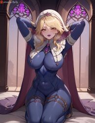 1girls ai_generated arms_behind_head arms_up bangs bigzbig blonde_female blonde_hair blush bodysuit breasts covered_navel earrings female hair_between_eyes indoors jewelry kneeling large_breasts lipstick looking_at_viewer makeup nun patreon_username purple_lips seiza sitting smile solo solo_female thighs uncensored veil warframe watermark wisp_(warframe) yellow_eyes