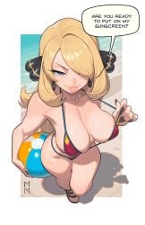1girls artist_logo beach_ball big_ass big_breasts big_thighs bikini bikini_bottom bikini_top black_nails blonde_female blonde_hair blue_eyes breasts busty busty_female cynthia_(pokemon) dialogue english english_text fanart female female_only from_above game_freak hair_over_one_eye holding_object huge_ass huge_butt huge_thighs large_breasts marsupialman milf nintendo nipple_peek nipple_slip pink_lipstick pinup pokemon pokemon_dppt pulling_bikini_string sandals seductive seductive_look shiny_breasts shiny_skin simple_background solo solo_female speech_bubble text thick_ass thick_legs thick_thighs thunder_thighs thunderthighs white_background wide_hips wide_thighs