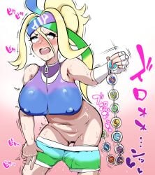1girls anal_beads anemoir18 bare_shoulders blonde_hair blush breasts corni_(pokemon) corni_(pokemon_legends:_z-a) covered_nipples eyes_rolling_back female korrina_(pokemon) korrina_(pokemon_legends:_z-a) large_breasts long_hair multicolored_shorts navel nintendo open_mouth pokemon pokemon_legends:_z-a ponytail shorts shorts_pull solo sweat tongue translation_request two-tone_shorts zipper zipper_pull_tab