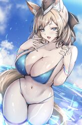 :d bikini blue_bikini blush huge_breasts mole_on_breast poni_(poni_arknights) pulling_bikini_string seductive skin_fang smile thick_thighs thong_bikini whislash_(arknights) wide_hips