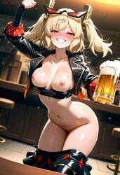 1girls ai_generated arched_back ass bare_breasts beer bottomless breasts burnice_white dancing drunk female grin hassaku_xl large_breasts leaning_forward looking_at_viewer nightclub oiled_skin red_blush seductive sequence_parts skirt_down solo sq7 zenless_zone_zero