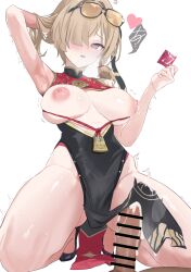 1boy absurdres arm_behind_head arm_up armpits ass_visible_through_thighs bar_censor bare_arms bare_legs bare_shoulders black-framed_eyewear black_dress black_ribbon black_shoes blonde_hair blush braid breast_curtains breasts breasts_apart breasts_out censored china_dress chinese_clothes clothes_lift condom condom_wrapper cum cum_on_body cum_on_clothes cum_on_penis dress erection eyewear_on_head female groin hair_half_undone hair_lift hair_over_one_eye hair_ribbon hand_up heart heavy_breathing highres holding holding_condom knees_out_of_frame lactation large_breasts lifting_another's_clothes looking_ahead low_twintails medium_hair nipples one_eye_covered parted_lips pelvic_curtain pelvic_curtain_lift penis penis_under_another's_clothes puffy_nipples purple_eyes raised_eyebrows red_dress ribbon shoes simple_background single_braid skindentation sleeveless sleeveless_dress solo_focus speech_bubble spread_legs squatting straight sunglasses sweat sweety_(zenless_zone_zero) teeth tinted_eyewear tiptoes trembling twintails two-tone_dress upper_teeth_only white_background xin_kong_miao_you_my yellow-tinted_eyewear zenless_zone_zero