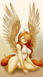 anthro bedroom_eyes breasts brown_hair catnamedfish equine fan_character feathers female freckles fur hair hair_over_eye half-closed_eyes kneeling long_hair looking_at_viewer mammal my_little_pony navel nipples pegasus pussy smile solo wings