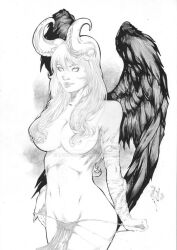 1girls 2014 angel angelus big_breasts breasts feathered_wings feathers female hair_covering_breasts hair_over_breasts horns image_comics lanio_sena large_wings loincloth long_hair looking_at_viewer monster_girl solo the_darkness top_cow traditional_media_(artwork) undressing wide_hips wings