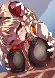 blonde_hair clothing etrian_odyssey fellatio female hair highlander_(sekaiju) male oral orange_eyes outercourse paizuri paizuri_over_clothes penis sekaiju_no_meikyuu straight tears