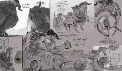 absurd_res anthro armor ass big_breasts big_butt breasts butt_crush comic cooking_tongs deathclaw doctordj drinking duo english_text fallout female gecko_(fallout) giantess grill group hi_res horn human kitchen_utensils larger_female macro male mammal mature_female microsoft monochrome nipples nude scalie size_difference sketch_page smaller_male solo tail text thick_tail thick_thighs tongs tools unconvincing_disguise