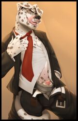 1boy 2015 animal_genitalia anthro belt bryce_(huttser-coyote) canine canine_penis clothing dalmatian dog_tags front_view fur licking licking_lips looking_at_viewer looking_down low-angle_shot male male_only mammal necktie open_clothes open_pants open_shirt pants partially_clothed penis penis_tip poking_out shade_okami sheath shirt smirk solo spots suggestive suit tail_between_legs tongue tongue_out unbuttoned underwear undressing white_fur