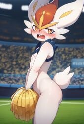 ai_generated cheerleader cinderace convenient_censoring covering covering_crotch embarrassed embarrassed_nude_male exhibitionism holding_object nintendo nude pokemon pokemon_(species) public public_nudity soccer stadium