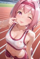 :p ai_generated arbitrary breasts female haru_urara_(umamusume) pink_eyes pink_hair poking_cheek pussy pussy_peek small_breasts sportswear sweat sweaty toned_female toned_stomach umamusume umamusume_pretty_derby wink