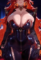 1girls ai_generated balecxi black_bodysuit black_gloves bodysuit breasts bursting_breasts choker cleavage clothing curvaceous curvaceous_female curvaceous_figure curvy curvy_figure earrings female female_focus genshin_impact gloves grin half_gloves hands_on_own_thighs huge_breasts inviting inviting_to_sex jewelry large_breasts lips long_hair long_sleeves looking_at_viewer mavuika_(genshin_impact) parted_lips presenting presenting_ass presenting_breasts presenting_hindquarters presenting_self red_eyes red_hair seductive seductive_look seductive_smile shiny_clothes shiny_skin skin_tight skindentation smile solo thick_thighs thigh_gap thighs very_long_hair voluptuous voluptuous_female wide_hips