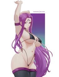 alternate_costume armband armpits arms_behind_head arms_up big_breasts bikini breasts facial_mark fate/stay_night fate_(series) female forehead_mark highres huge_breasts large_breasts long_hair looking_at_viewer looking_down medusa_(fate) medusa_(rider)_(fate) melowh navel purple_eyes purple_hair pussy shiny_skin sideboob tattoo thick_thighs thighhighs tight_bikini underboob very_long_hair