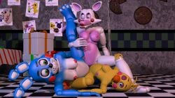 3girls five_nights_at_freddy's five_nights_at_freddy's_2 jacopofurry mangle_(fnaf) multiple_girls scissoring toy_bonnie_(fnaf) toy_chica_(fnaf) triangle_nose triangle_position tribadism triple_tribadism yuri