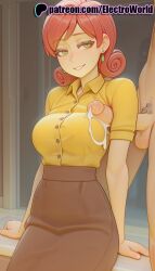 1boy 1girls 2025 ai_generated arm_support artist_name breasts bust chest clothed_female_nude_male cock cum cum_on_breasts dick earrings electroworld english_text female flower_earrings green_eyes hi_res high_quality high_resolution highres jewelry nude patreon patreon_username penis penny_(stardew_valley) shirt short_sleeves smile solo_focus stable_diffusion stardew_valley straight sweat uncensored watermark yellow_shirt