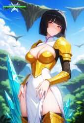 ai_generated black_hair blush breasts crystal eyebrows_visible_through_hair eyeshadow fair-skinned_female female gold_armor highres island light-skinned_female logo looking_at_viewer mature_female mature_woman mayethikayian_(species)_(the_legendary_tauran'creima) orange_eyes original original_character outside painted_nails pale-skinned_female sacredcourage self_upload serenity_addlebeen_(the_legendary_tauran'creima) shadowrealmarts short_hair shoulder_armor smiling_at_viewer solo_female the_legendary_tauran'creima voluptuous_female warrior