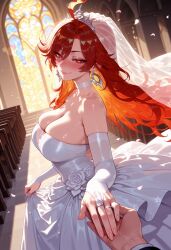 1boy 1girls ahoge ai_generated arch balecxi bare_shoulders blush bouquet breasts bridal_gauntlets bridal_veil bride choker church cleavage closed_mouth clothing curvaceous curvaceous_female curvaceous_figure curvy curvy_figure dress earrings elbow_gloves female female_focus flower genshin_impact glint gloves hair_between_eyes headdress headwear holding_hands indoors jewelry large_breasts long_dress long_hair looking_at_viewer mavuika_(genshin_impact) multicolored_hair ornate_ring petals pov_hands red_eyes red_hair ring rose skindentation skirt_hold smile solo_focus stained_glass stairs strapless strapless_dress tiara veil voluptuous voluptuous_female wedding wedding_dress wedding_ring white_choker white_dress white_flower white_gloves white_rose window
