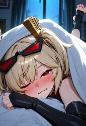 1girls :3 ai_generated bedroom burnice_white drunk feet_up female hassaku_xl looking_at_viewer mischievous_smile one_eye_open red_blush sequence_parts solo sq7 under_blanket zenless_zone_zero