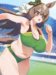 amber_eyes armpit armpit_crease armpit_fetish big_breasts bra brown_hair cleavage female female_only hair_ornament horse_ears horse_girl horse_tail huge_breasts long_hair plump running satono_diamond_(umamusume) slightly_chubby solo sports_bra sportswear sweat thick_thighs umamusume umamusume_pretty_derby wide_hips