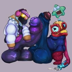 _ssatoh blue_skin boots brawl_stars cum cum_drip cum_on_face cum_on_floor dick_rubbing fat_ass fat_male gay helmet hyper_balls hyper_cock hyper_dick hyper_genitalia hyper_penis male male/male male_only otis_(brawl_stars) purple_skin shade_(brawl_stars) small_body yaoi
