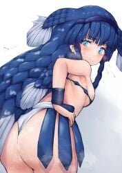 absurdres armpits ass bare_shoulders blue_eyes blue_hair blush bracer braid breasts closed_mouth coelacanth_(kemono_friends) cum cum_on_ass cum_on_body eyelashes female fins flying_sweatdrops from_behind fundoshi furrowed_brow hairband hand_on_own_hip head_fins highres japanese_clothes kemono_friends kemono_friends_3 leaning_forward long_hair looking_at_viewer looking_back multicolored_eyes oerba_yun_fang revealing_clothes side_braid sideboob smile solo steaming_body sweat takara_(takara0508) twin_braids very_long_hair