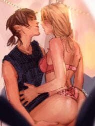 2girls artist_name ass_cleavage attack_on_titan blonde_hair blush brown_hair christa_lenz color depth_of_field female freckles freckles_on_face freckles_on_shoulders fully_clothed hair_tie half-closed_eyes hand_on_another's_stomach hand_on_another's_thigh heart_panties historia_reiss lace-trimmed_bra lace-trimmed_panties lace_trim lighting lipstick long_hair looking_at_another partially_clothed pink_bra pink_lipstick pink_panties romantic romantic_couple rozavay shingeki_no_kyojin slight_blush tank_top tied_hair underwear_only watermark ymir_(shingeki_no_kyojin) yuri