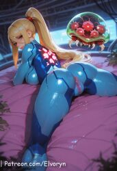 abs ai_generated bangs big_ass big_breast blonde_hair blue_bodysuit blue_eyes blush bodysuit boots breasts breasts_out covered_navel elvoryn female high_heels large_breasts long_hair looking_at_viewer mole mole_under_mouth nintendo nipples parted_lips ponytail pussy pussy_juice samus_aran sitting skin_tight solo thighs zero_suit