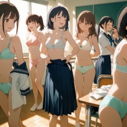 2020s 2025 6+girls adolescent ai_generated bare_legs bare_shoulders blush bra breasts chalkboard classroom collarbone day eyelashes female hi_res indoors long_hair looking_at_another multiple_girls navel open_mouth original panties school school_uniform schoolgirl serafuku shoes short_hair smile standing stomach student sunlight teenage_girl teenage_girls teenage_tits teenager teenagers teeth twintails underwear undressing undressing_together window young young_female