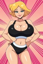 1girls ai_assisted ai_generated big_breasts blonde_hair blue_eyes bursting_breasts cleavage clover_(totally_spies) edit female female_only grok hands_on_hips hourglass_figure huge_breasts iggy-bomb lipstick panties simple_background slim_waist small_waist solo sports_bra teasing thick_thighs top_heavy totally_spies