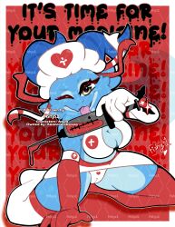 anthro azula_caelum_(valdusaetherius) blood_writing blue_body blue_horn bottomwear breasts camel_toe claws clothed clothing digital_media_(artwork) female fishys1 gloves green_eyes handwear headgear headwear heart_eyes heart_symbol hi_res horn kobold legwear licking looking_at_viewer medical_instrument medicine nurse nurse_clothing nurse_headwear one_eye_closed panties reptile scalie scientific_instrument skirt solo spread_legs spreading syringe tail text thick_thighs tongue underwear upskirt wink winking_at_viewer yandere