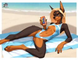 ai_generated anthro blonde_hair canid canine canis casual_one-piece_swimsuit center_opening crotch_tuft dobermann domestic_dog fanta female furry holding holding_can holding_object lying lying_on_blanket medium_breasts navel one-piece_swimsuit orange_eyes skimpy soda soda_can solo underboob zorkpics