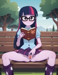 my_little_pony friendship_is_magic equestria_girls ai_generated twilight_sparkle_(mlp) twilight_sparkle_(eg) sci-twi glasses kimberlite_moonbow pussy pubic_hair no_panties spreading_pussy