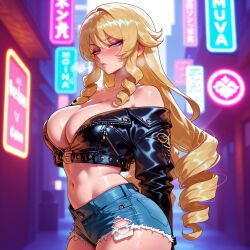 1girls ai_generated alternate_breast_size alternate_costume arms_behind_back balecxi bangs bare_shoulders black_jacket blonde_hair blue_eyes blue_shorts blush breasts cleavage closed_mouth clothing collarbone crop_top cropped_jacket curvaceous curvaceous_female curvaceous_figure curvy curvy_figure cutoffs denim denim_shorts drill_hair drill_sidelocks exhibitionism female female_focus genshin_impact inviting inviting_to_sex jacket large_breasts leather leather_jacket lips long_hair long_sleeves looking_at_viewer midriff navel navia_(genshin_impact) neon_lights off_shoulder open_jacket outdoors outside presenting presenting_ass presenting_breasts presenting_hindquarters presenting_self ringlets seductive seductive_look seductive_smile short_shorts shorts sidelocks solo stomach sweat thick_thighs thighs torn_clothes torn_shorts voluptuous voluptuous_female