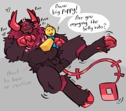 absurd_res ambiguous_gender animal_genitalia anthro balls belly_rub big_horn biped blue_clothing blue_topwear brown_body brown_fur claws closed_eyes clothing dialogue duo fluffy_balls forsaken_(roblox) fur genitals guest_666_(forsaken) hat hat_only headgear headgear_only headwear headwear_only heart_symbol hi_res hooves horn human koi_567 long_tail looking_at_another male male/ambiguous mammal monster mostly_nude multicolored_body navel neck_tuft nonbinary_(lore) noob_(roblox) peeking_penis red_body red_claws red_fur roblox robloxian shaking sheath size_difference slightly_chubby smile tail topwear trembling tuft two_tone_body unguligrade unknown_species yellow_body yellow_skin