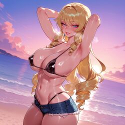 1girls ai_generated alternate_costume armpits arms_behind_head arms_up balecxi bangs bare_shoulders beach bikini black_bikini black_swimsuit blonde_hair blue_eyes blue_shorts blush breasts cleavage clothing cloud collarbone covered_nipples curvaceous curvaceous_female curvaceous_figure curvy curvy_figure cutoffs denim denim_shorts drill_hair drill_sidelocks earrings evening exhibitionism female female_focus female_only genshin_impact gradient_sky grin highleg highleg_bikini horizon inviting inviting_to_sex jewelry large_breasts lips lipstick long_hair looking_at_viewer makeup micro_bikini micro_shorts naughty_face navel navia_(genshin_impact) ocean outdoor_nudity outdoor_sex outdoors outside parted_lips pink_lips presenting presenting_armpit presenting_ass presenting_breasts presenting_hindquarters presenting_self red_lips seductive seductive_look seductive_smile shiny_skin shore short_shorts shorts sideboob sidelocks skindentation sky smile solo stomach sunset sweat swimsuit thick_thighs thighs voluptuous voluptuous_female water wet