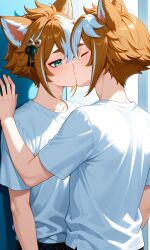 ai ai-created ai_art ai_generated brothers clone clonecest gorou_(genshin_impact) incest kissing selfcest twins yaoi