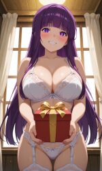 ai_art ai_assisted ai_generated big_ass big_breasts big_butt big_thighs fern_(sousou_no_frieren) frieren_beyond_journey's_end gift gift_box gift_wrapped patreon present presenting purple_eyes purple_hair sexy sexy_body smile smiling smiling_at_viewer solo sousou_no_frieren