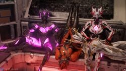 4girls athletic athletic_female boob_window clothed female female_only glowing glowing_eyes glowing_markings looking_at_viewer multiple_girls robot robot_girl robot_humanoid samtrix valkyr_(warframe) warframe