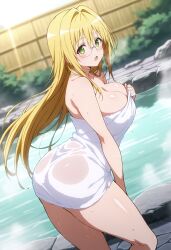 1girls ai_generated ass_focus bangs barely_clothed big_ass big_breasts blonde_hair breasts busty butt_crack cleavage covering covering_breasts covering_self curvaceous curvy curvy_body curvy_female curvy_figure embarrassed eyewear female female_focus female_only from_behind functionally_nude glasses hair_between_eyes high_resolution hot_spring kiwiai looking_at_viewer looking_back looking_back_at_viewer mature mature_female megane milf mostly_nude naked_towel onsen open_mouth oppai outdoors partially_clothed pinup rear_view rimless_eyewear rimless_glasses round_ass shiny shiny_hair shiny_skin shy slim_waist solo tearju_lunatique to_love-ru to_love-ru_darkness towel towel_only upper_body very_long_hair wet wet_body wet_hair wet_skin white_skin wide_hips yellow_hair
