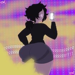 ashley_graves ass ass_focus black_hair black_shirt butt_focus fart fart_cloud fart_everywhere fart_fetish farting farts female grey_shorts no_dialogue onomatopoeia phone purple_background purple_eyes round_ass round_butt samkeeydraws samkvevo skull the_coffin_of_andy_and_leyley thicc thicc_ass thick_ass thick_legs thick_thighs using_phone yellow_fart yellow_fart_cloud
