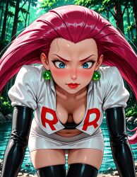 ai_generated ass_visible_through_thighs bangs bent_over black_gloves black_legwear black_thighhighs blue_eyes blush breasts breasts_apart cleavage closed_mouth clothing collarbone crop_top day downblouse earrings elbow_gloves embarrassed eyelashes female female_only forehead forest gloves hair_slicked_back hanging_breasts jacket jessie_(pokemon) jewelry jousneystudio large_breasts latex leaning_forward legwear lips lipstick long_hair looking_at_viewer looking_down makeup medium_breasts midriff miniskirt nature navel nintendo nose_blush outdoors panties pantyshot patreon pearl_earrings pencil_skirt pink_hair pokemon red_lips rock shiny_clothes shiny_skin skindentation skirt solo stomach sweat team_rocket team_rocket_uniform thigh_gap thighhighs thighs tree trembling underwear water white_panties white_skirt zettai_ryouiki
