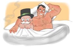after_sex arm_hair bara big_pecs blush chest_hair cigarette crossover dilf gay glasses grin holding_cigarette in_bed large_pectorals manboobs medic_(team_fortress_2) milburn_pennybags monopoly moustache older_male pillow puffy_nipples size_difference sk7f2 team_fortress_2 top_hat uncle_pennybags yaoi