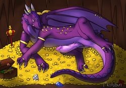 anus cave claws dragon erection feral gold horn mushbun penis purple_eyes scalie solo teeth treasure wings