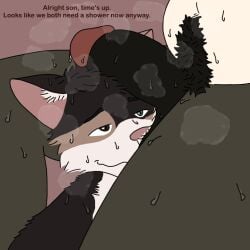 1:1 age_difference anthro balls bodily_fluids body_hair bram_(peggy_the_cat) calico_cat colored digital_drawing_(artwork) digital_media_(artwork) domestic_cat duo english_text erection father father_and_child father_and_son felid feline felis fur genital_fluids genitals head_tuft heterochromia humanoid_genitalia humanoid_penis incest male male/male mammal musk musk_clouds nude parent parent_and_child parent_and_son peggy_(peggy_the_cat) peggy_the_cat penis pubes simple_background son sweat text tuft