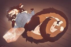 anthro autofellatio big_tail blush bodily_fluids calico_pattern cervical_contact clothing female genital_fluids hair hi_res humanoid internal internal_vaginal leaking_precum long_ears long_hair long_tongue lying masturbation model_sheet on_back oral oral_masturbation penile penile_masturbation precum reese_(jeddy) sexyfurry solo splynter sweater tail tail_coil tail_mouth tail_mouth_cunnilingus tail_mouth_penetration tail_wrapped_around_leg tongue tongue_out topwear unusual_anatomy unusual_tail