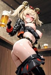 1girls ai_generated ass bare_breasts beer breasts breasts_out burnice_white drunk female hassaku_xl large_breasts looking_at_viewer nightclub oiled_skin red_blush sequence_parts skirt_pulled_down smile solo sq7 zenless_zone_zero