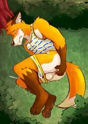 2024 anal anal_fingering anthro anus armpit_tuft artist_name athletic athletic_male balls black_claws black_nose blush bodily_fluids brown_body brown_fur canid canine claws clothing cum cum_on_ground curled_up dated dipstick_tail ear_horn ears_back fingering fingering_self fox fur genital_fluids genitals gloves_(marking) grass hi_res joshuathefox leg_markings looking_pleasured lying male mammal markings masturbation on_side orange_body orange_fur pattern_clothing pattern_shirt pattern_topwear pawpads paws pivoted_ears plant shirt shrub signature sleeveless_shirt socks_(marking) solo tail tail_markings text topwear tree ventkazemaru whisker_spots whiskers white_body white_fur